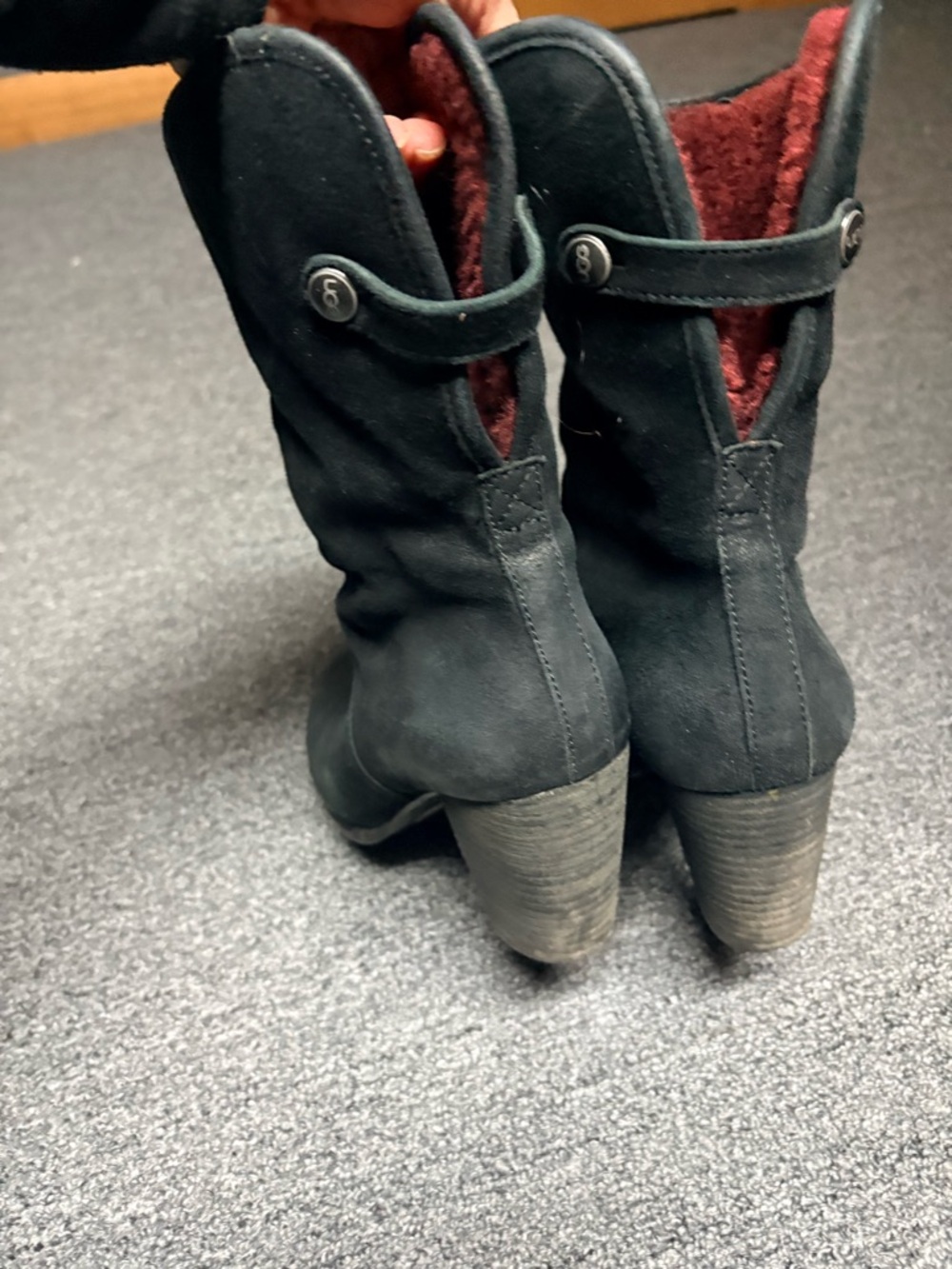 Women's Black Suede Mid-Calf Heeled Ugg Boots with Burgundy Lining